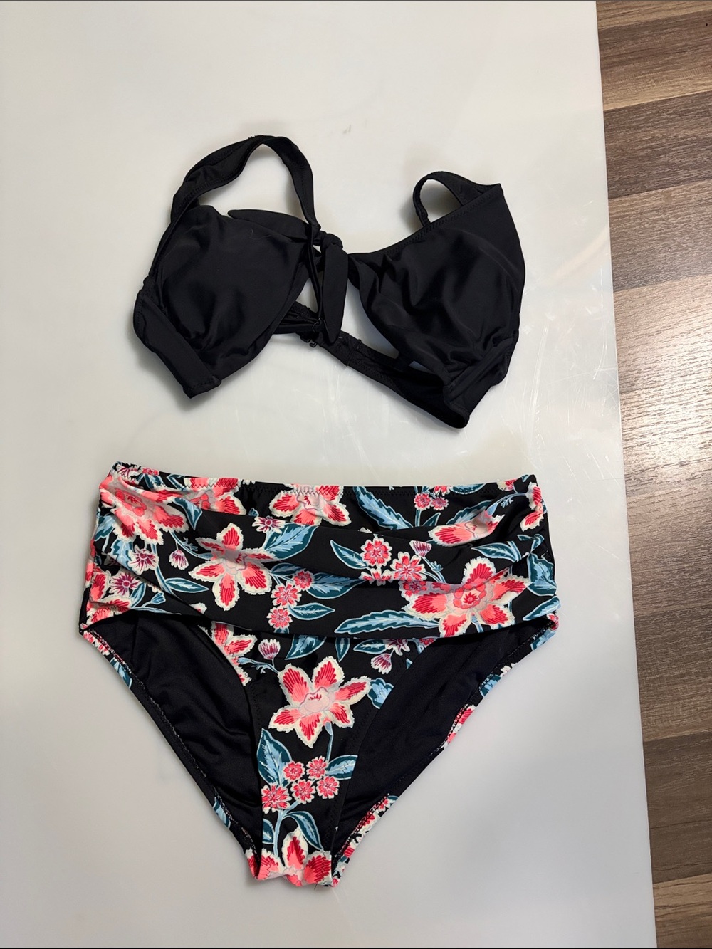 Old Navy Black Bikini Top with Floral High-Waist Bottoms